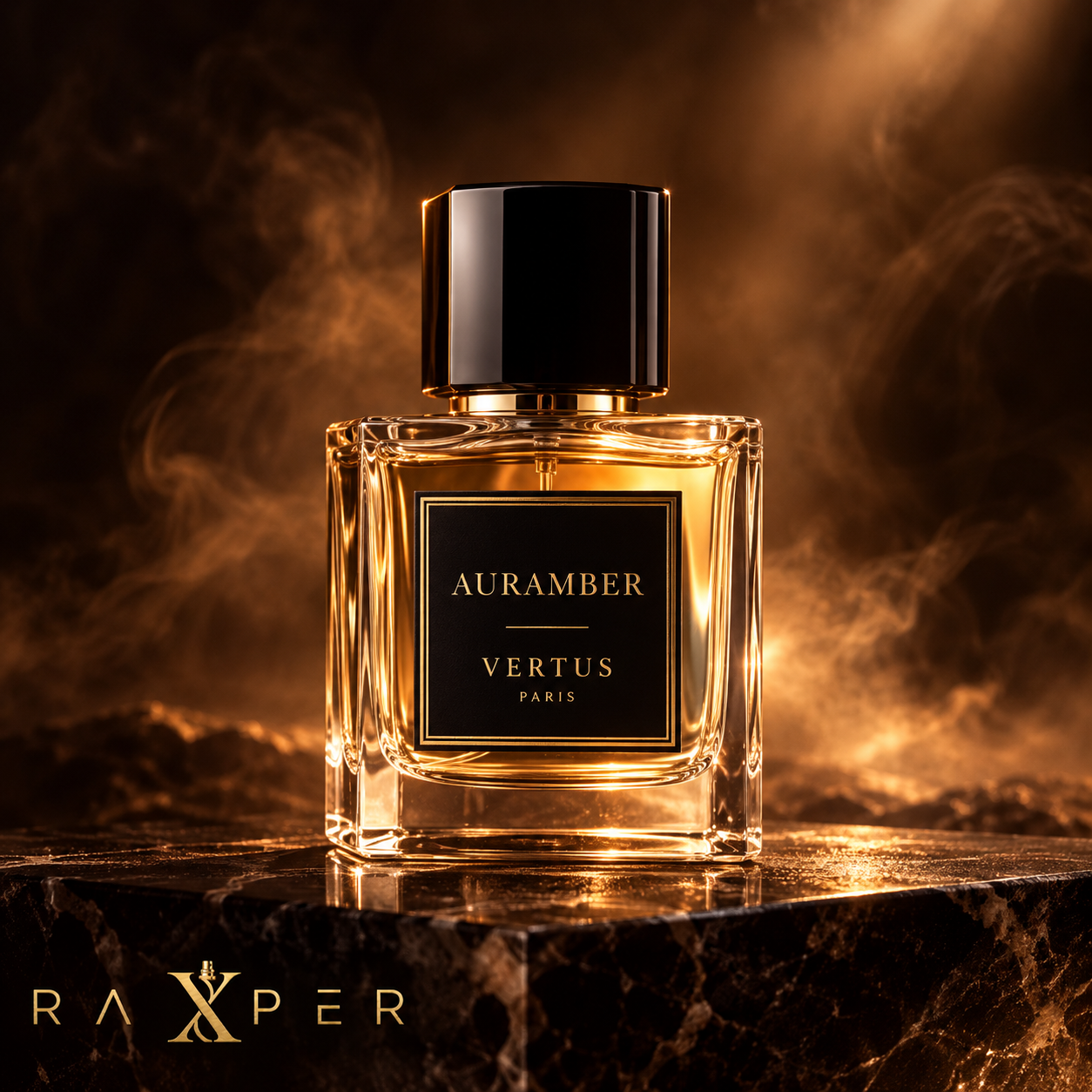 عطر گرمی ورتوس اورامبر با بطری شیشه‌ای مربعی، مایع کهربایی، درپوش مشکی و لیبل مشکی طلایی در نمای استودیویی دودی با لوگوی رکسپر