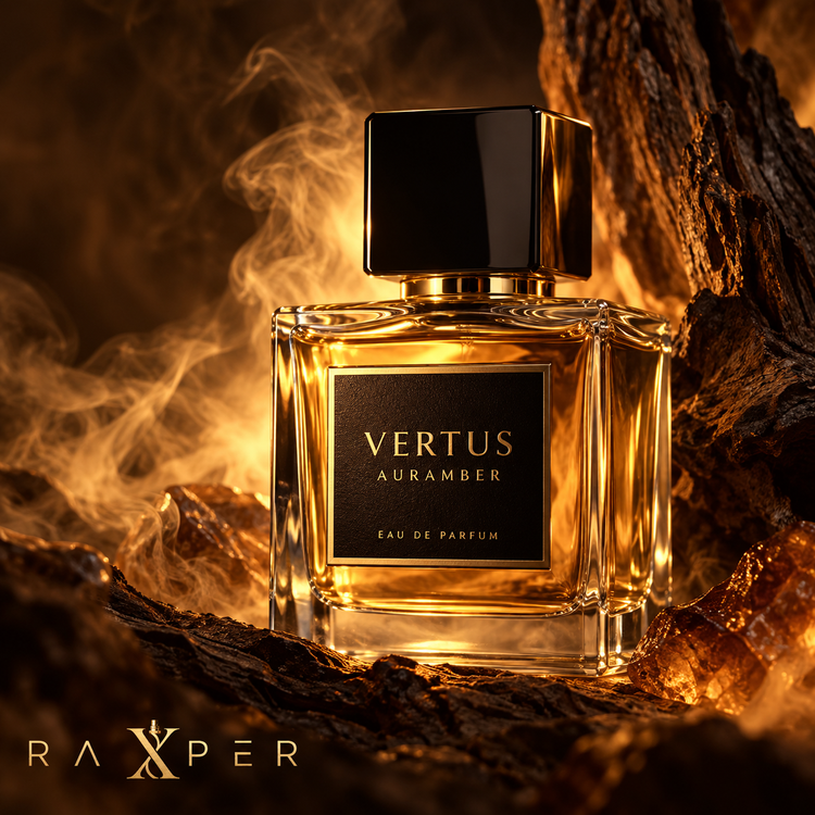 عطر گرمی ورتوس اورامبر با بطری شیشهای مربعی و مایع کهربایی در فضای ادیتوریال چوب سوخته، صمغ کهربا و دود با لوگوی رکسپر
