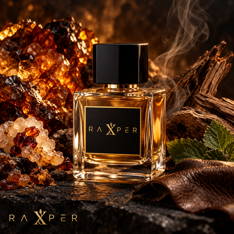 عطر گرمی ورتوس اورامبر با بطری شیشهای مربعی در کنار صمغ کهربا، لبدانوم، برگ پچولی، چوب خشک، دود و بافت چرم با لوگوی رکسپر