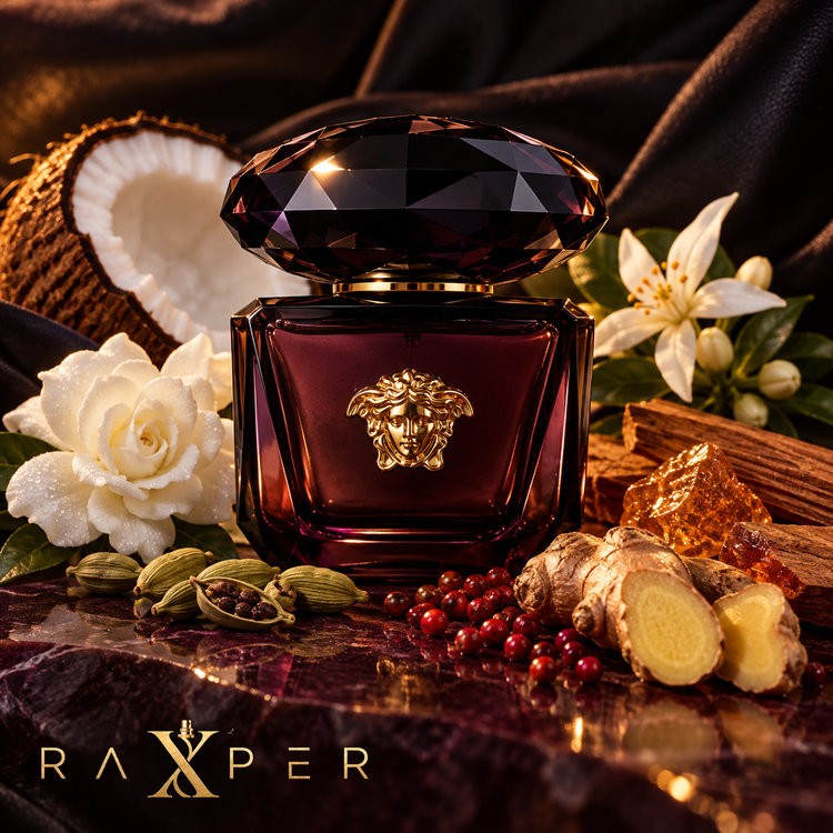 عطر گرمی ورساچه کریستال نویر با بطری بنفش تیره در کنار نارگیل، هل، زنجبیل، فلفل صورتی، گاردنیا، شکوفه پرتقال، چوب صندل و کهربا با لوگوی رکسپر
