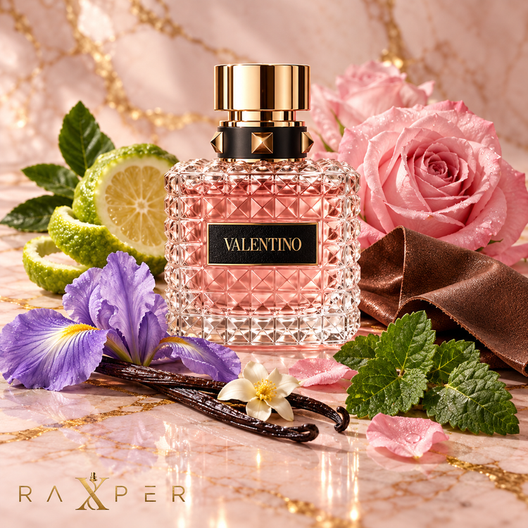 عطر گرمی ولنتینو دونا با بطری صورتی طرحمیخی در کنار ترنج، رز بلغاری، زنبق، چرم، وانیل و نعناع هندی روی زمینه مرمر صورتی با لوگوی رکسپر