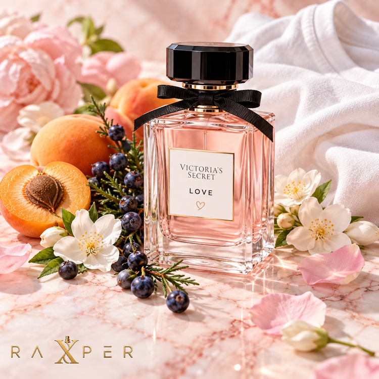 عطر گرمی ویکتوریا سیکرت لاو با بطری صورتی روشن در کنار زردآلو، دانه سرو کوهی، شکوفههای سفید، گلبرگ صورتی و پارچه نخی سفید با لوگوی رکسپر
