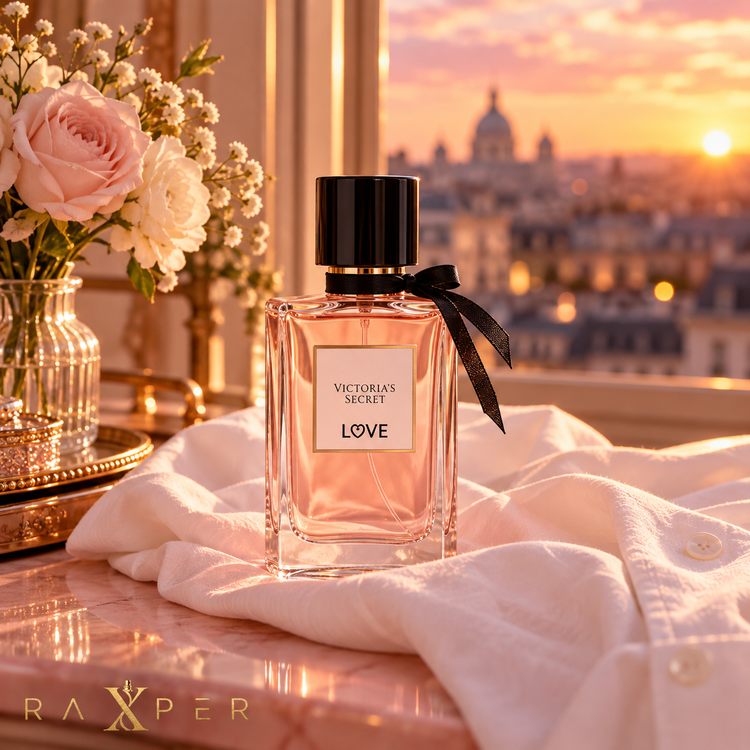 عطر گرمی ویکتوریا سیکرت لاو با بطری صورتی و روبان مشکی روی پیراهن سفید، کنار گلدان گل و پنجره با نور غروب صورتی و لوگوی رکسپر