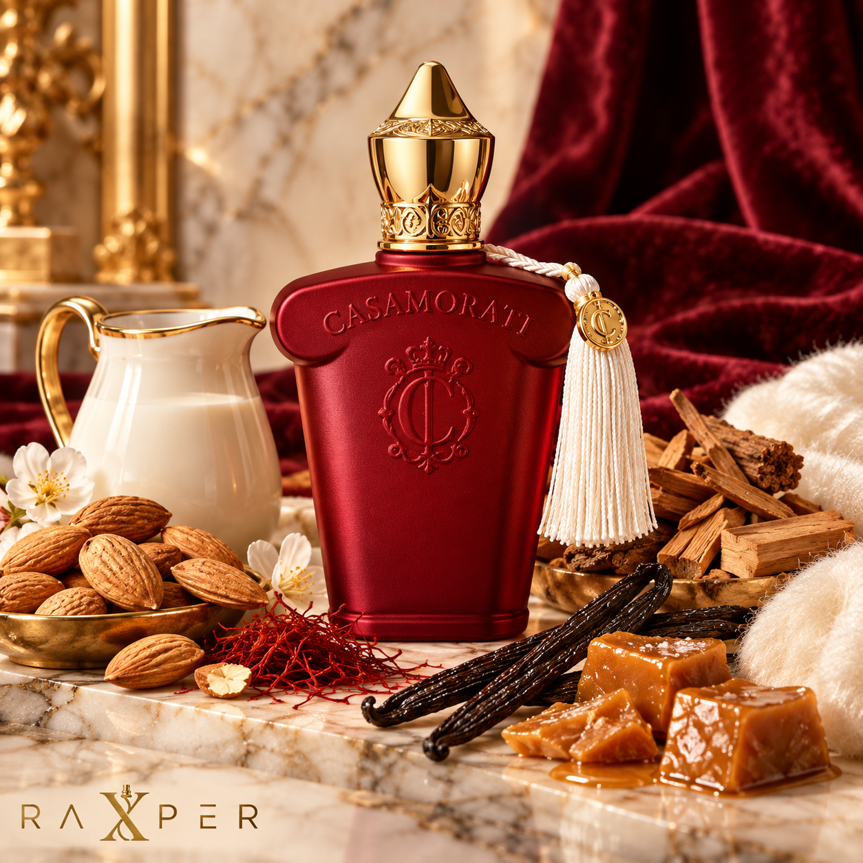 عطر گرمی زرجوف کازاموراتی ایتالیکا با بطری قرمز مخملی در کنار بادام، شیر، زعفران، وانیل، تافی، چوب سدر، چوب صندل و پارچه ابریشمی سفید با لوگوی رکسپر