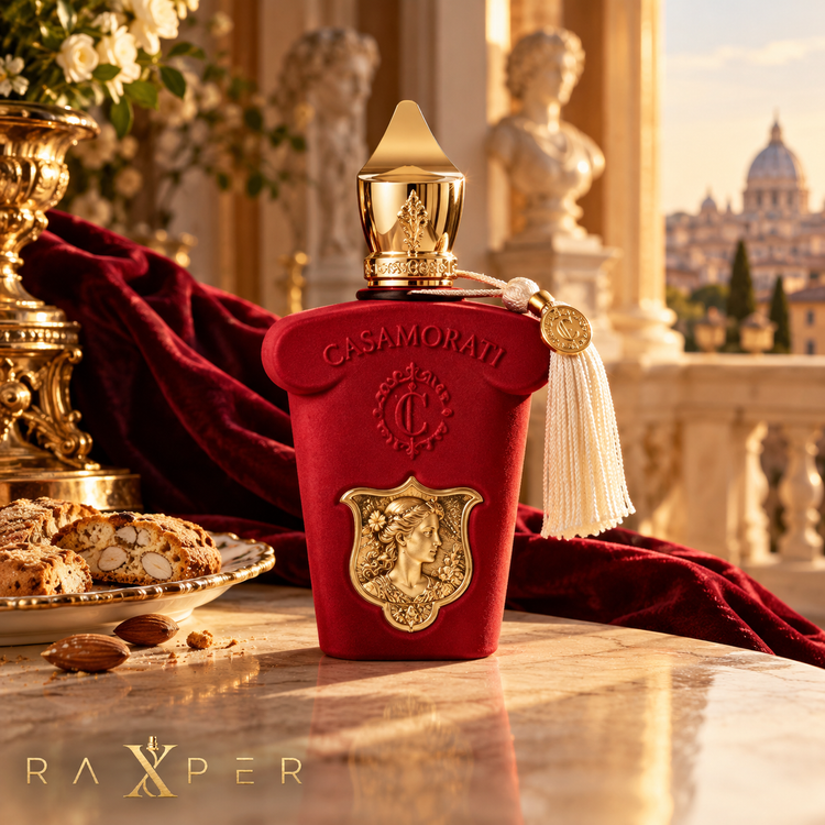 عطر گرمی زرجوف کازاموراتی ایتالیکا با بطری قرمز و منگوله سفید روی میز سنگی در کاخ ایتالیایی، کنار بیسکویت بادام و مخمل زرشکی با لوگوی رکسپر