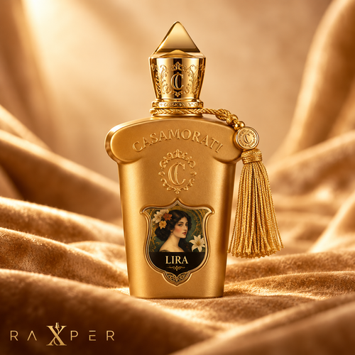 عطر گرمی زرجوف کازاموراتی لیرا با بطری طلایی ساتن، درپوش طلایی حکاکیشده، منگوله طلایی و پلاک کلاسیک لیرا در نمای استودیویی با لوگوی رکسپر