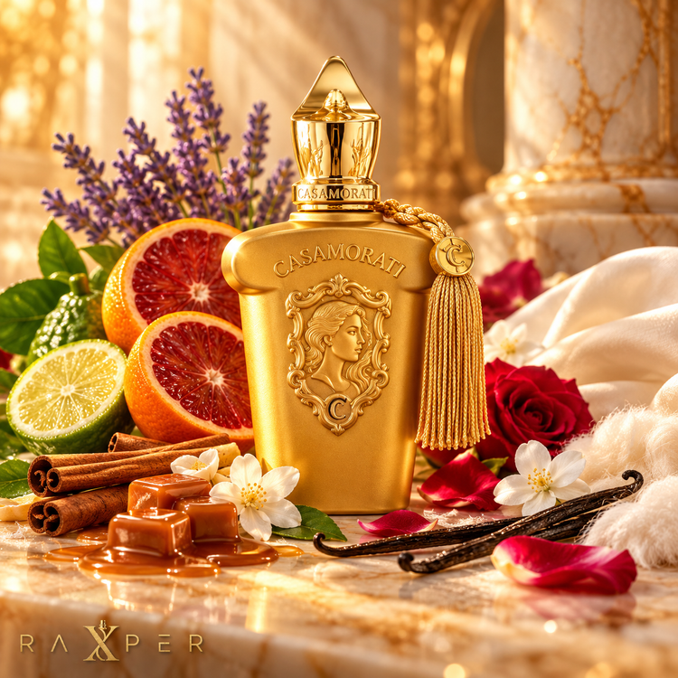 عطر گرمی زرجوف کازاموراتی لیرا با بطری طلایی در کنار پرتقال خونی، ترنج، اسطوخودوس، دارچین، یاس، رز، وانیل، کارامل و پارچه ابریشمی با لوگوی رکسپر