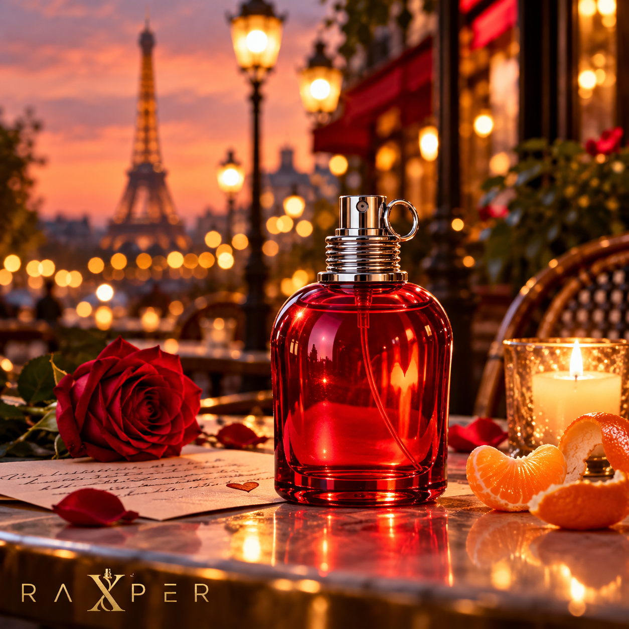 عطر گرمی کاشارل امور امور با بطری شیشهای قرمز و درپوش نقرهای روی میز کافه پاریسی، کنار نامه عاشقانه، رز قرمز، شمع و پوست نارنگی با لوگوی رکسپر