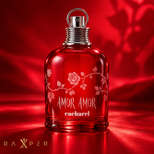 عطر گرمی کاشارل امور امور با بطری شیشهای قرمز شفاف طرح نارنجک، درپوش و حلقه فلزی نقرهای و نقش گل رز در نمای استودیویی قرمز با لوگوی رکسپر