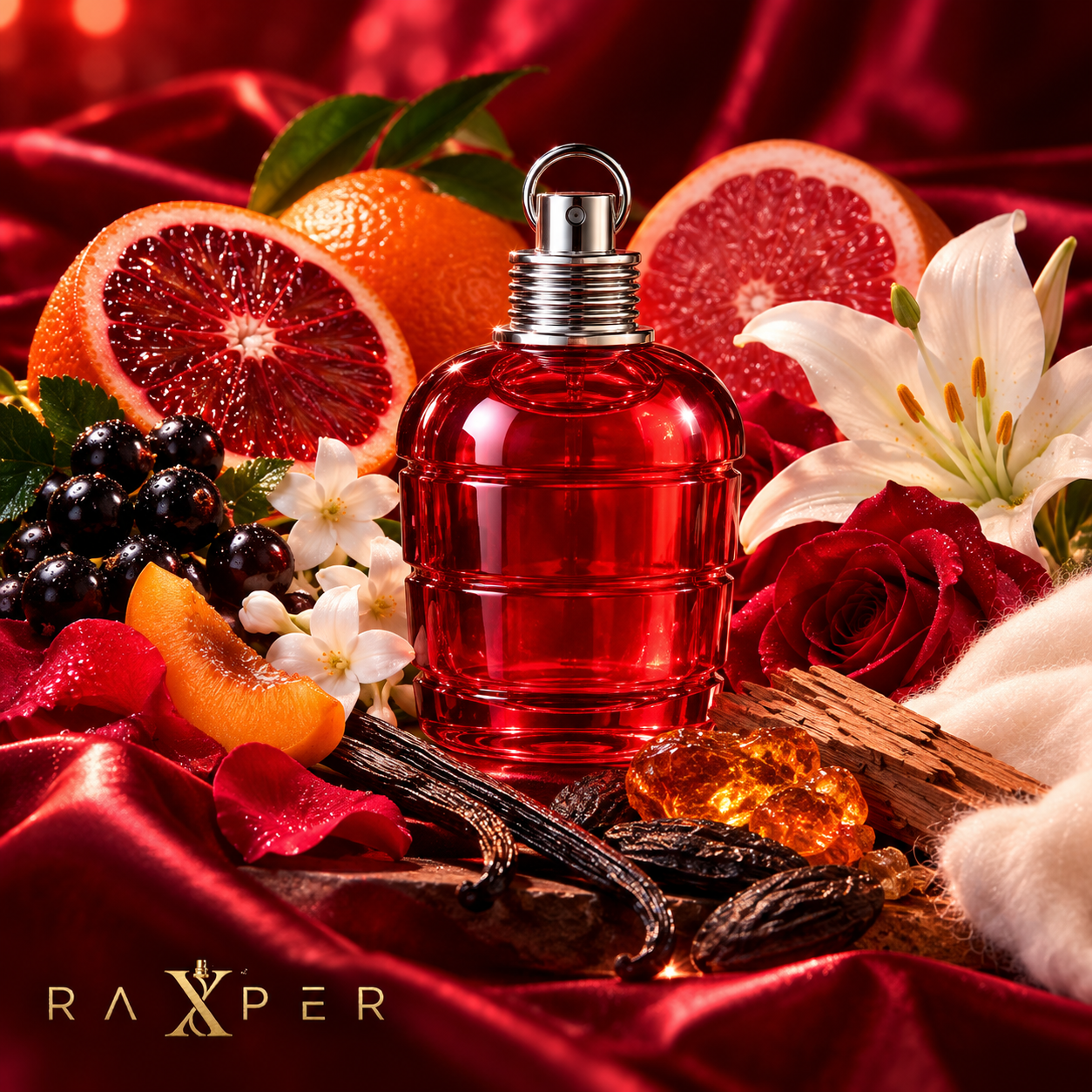 عطر گرمی کاشارل امور امور با بطری قرمز در کنار پرتقال خونی، نارنگی، گریپفروت، انگور فرنگی سیاه، زردآلو، رز، یاس، سوسن، وانیل و چوب سدر با لوگوی رکسپر