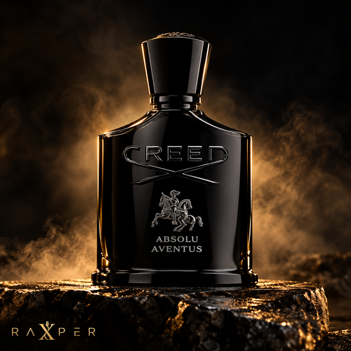 عطر گرمی کرید ابسولو اونتوس با بطری مشکی براق و نشان سوارکار نقرهای، روی پایه سنگی تیره در فضای دودی با نور کهربایی و لوگوی رکسپر