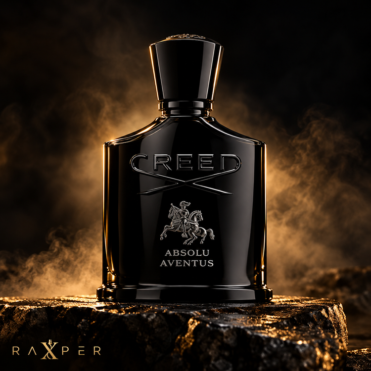 عطر گرمی کرید ابسولو اونتوس با بطری مشکی براق و نشان سوارکار نقرهای، روی پایه سنگی تیره در فضای دودی با نور کهربایی و لوگوی رکسپر