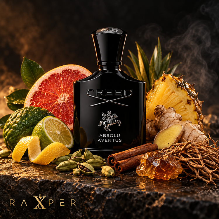 عطر گرمی کرید ابسولو اونتوس با بطری مشکی براق در کنار گریپفروت، آناناس، برگاموت، پوست لیمو، هل، دارچین، زنجبیل، وتیور و صمغ لبدانوم با لوگوی رکسپر