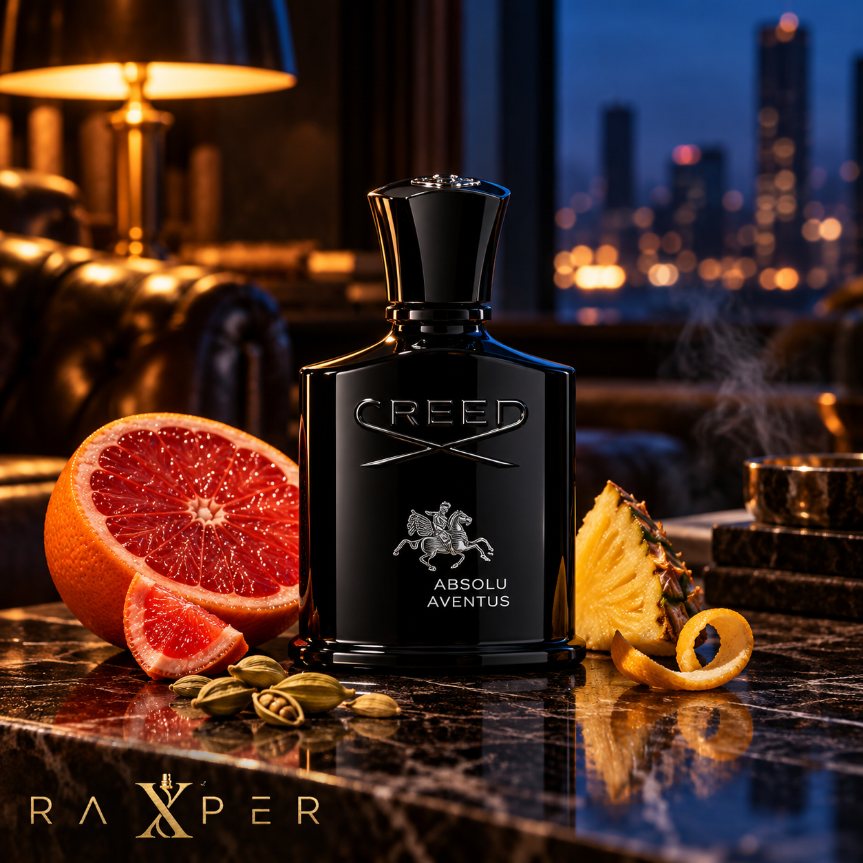عطر گرمی کرید ابسولو اونتوس با بطری مشکی روی میز مرمری در فضای لوکس شبانه، کنار گریپفروت، آناناس، هل و پوست مرکبات با لوگوی رکسپر
