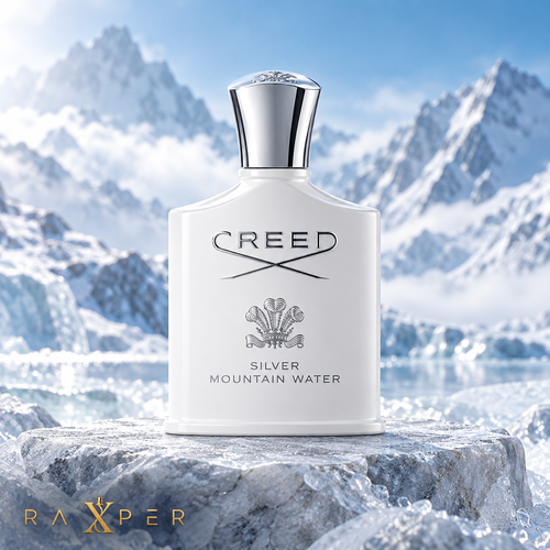 عطر گرمی کرید سیلور مانتین واتر با بطری سفید مات و درپوش نقرهای براق، روی صخره یخی در پسزمینه کوههای برفی با لوگوی رکسپر