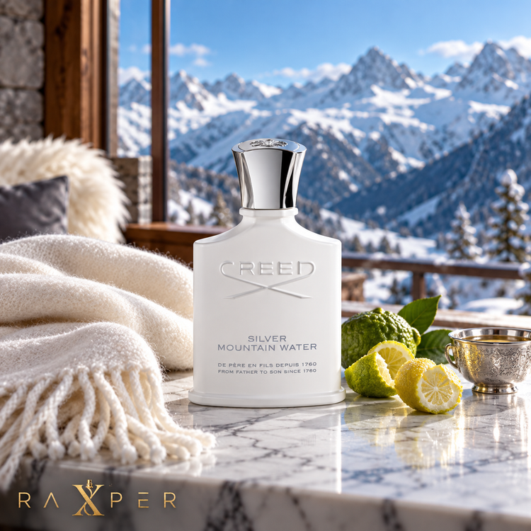 عطر گرمی کرید سیلور مانتین واتر با بطری سفید روی میز مرمری در کلبه کوهستانی، کنار شال پشمی سفید، برگاموت، لیمو و فنجان چای نقرهای با لوگوی رکسپر