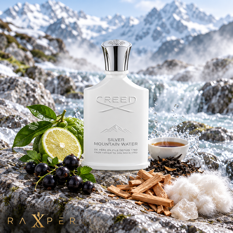 عطر گرمی کرید سیلور مانتین واتر با بطری سفید و درپوش نقرهای در کنار برگاموت، انگور فرنگی سیاه، چای سیاه، چوب صندل و رایحه مشک روی صخره کنار آبشار کوهستانی با لوگوی رکسپر