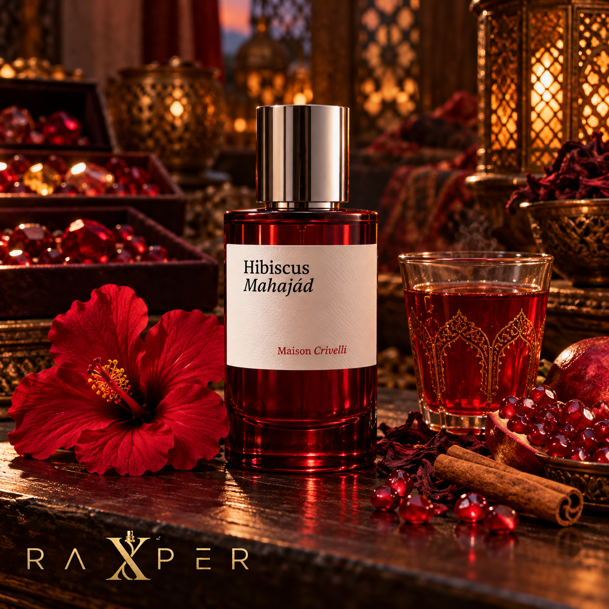 عطر گرمی مزون کریولی هیبیسکوس مهاجاد با بطری قرمز و درپوش نقرهای در فضای بازار سنگهای قیمتی، کنار چای هیبیسکوس، گل هیبیسکوس، دانههای انار و چوب دارچین با لوگوی رکسپر