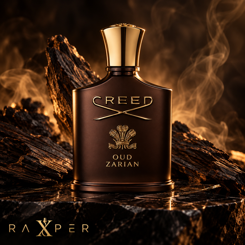 عطر گرمی کرید عود زاریان با بطری قهوهای تیره مات، درپوش طلایی و نشان برجسته طلایی کرید در میان چوب عود سوخته و دود معطر با لوگوی رکسپر