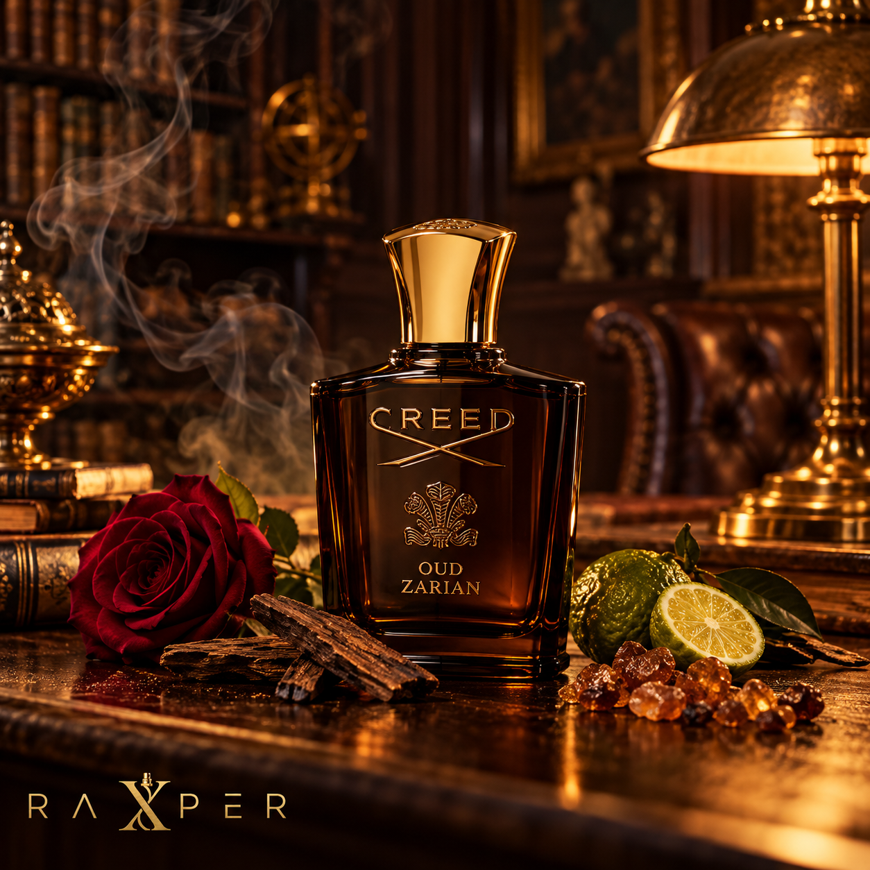 عطر گرمی کرید عود زاریان با بطری قهوهای تیره روی میز چوبی در کتابخانه لوکس، کنار رز قرمز، چوب عود، مُر و برگاموت با لوگوی رکسپر