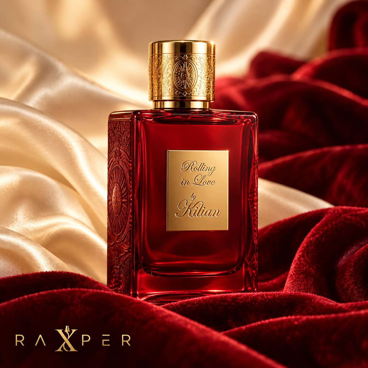 عطر گرمی بای کیلیان رولینگ این لاو با بطری شیشهای قرمز تیره، درپوش طلایی حکاکیشده و پلاک طلایی روی پارچه ساتن کرم و مخمل زرشکی با لوگوی رکسپر