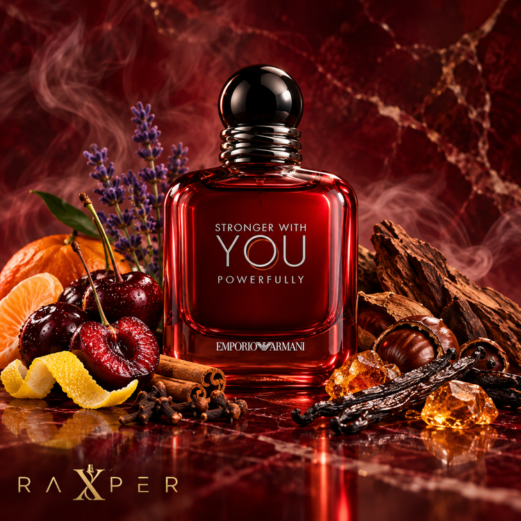 عطر گرمی امپوریو آرمانی استرانگر ویت یو پاورفولی با بطری قرمز در کنار گیلاس، نارنگی، پوست لیمو، اسطوخودوس، دارچین، میخک، چوب معطر، شاهبلوط برشته، وانیل و صمغ کهربایی با لوگوی رکسپر