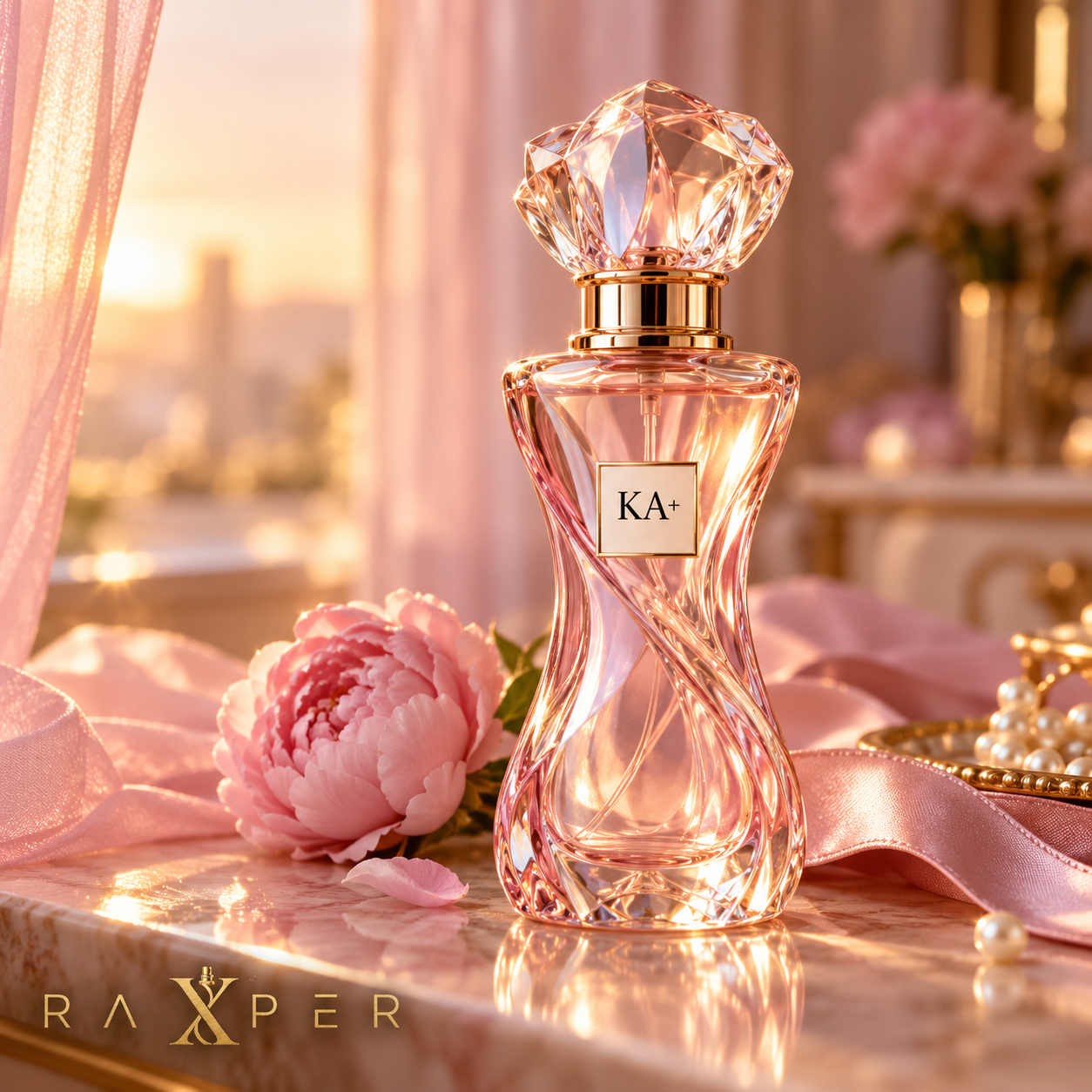 عطر گرمی KA+ با بطری صورتی و درپوش کریستالی روی میز آرایش لوکس، کنار روبان ساتن و گل صدتومانی صورتی با لوگوی رکسپر