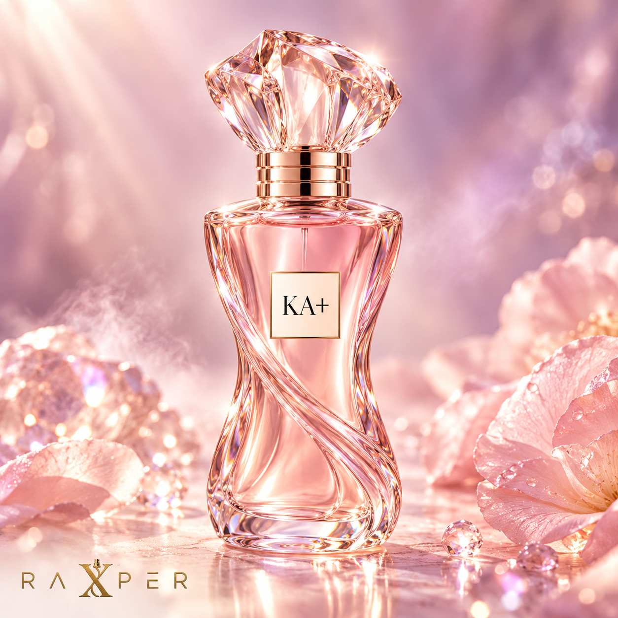 عطر گرمی KA+ با بطری صورتی شفاف و درپوش کریستالی بزرگ، در فضای لوکس یاسی و صورتی با لوگوی رکسپر