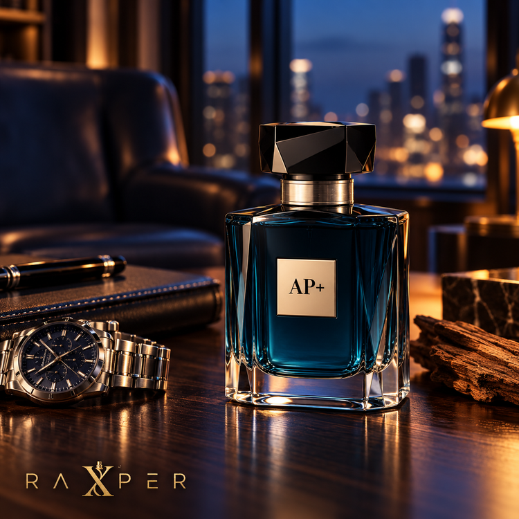 عطر گرمی AP+ با بطری سرمهای روی میز چوبی لوکس، کنار ساعت استیل، دفتر چرمی مشکی و چوب سدر در فضای مردانه شبانه با لوگوی رکسپر