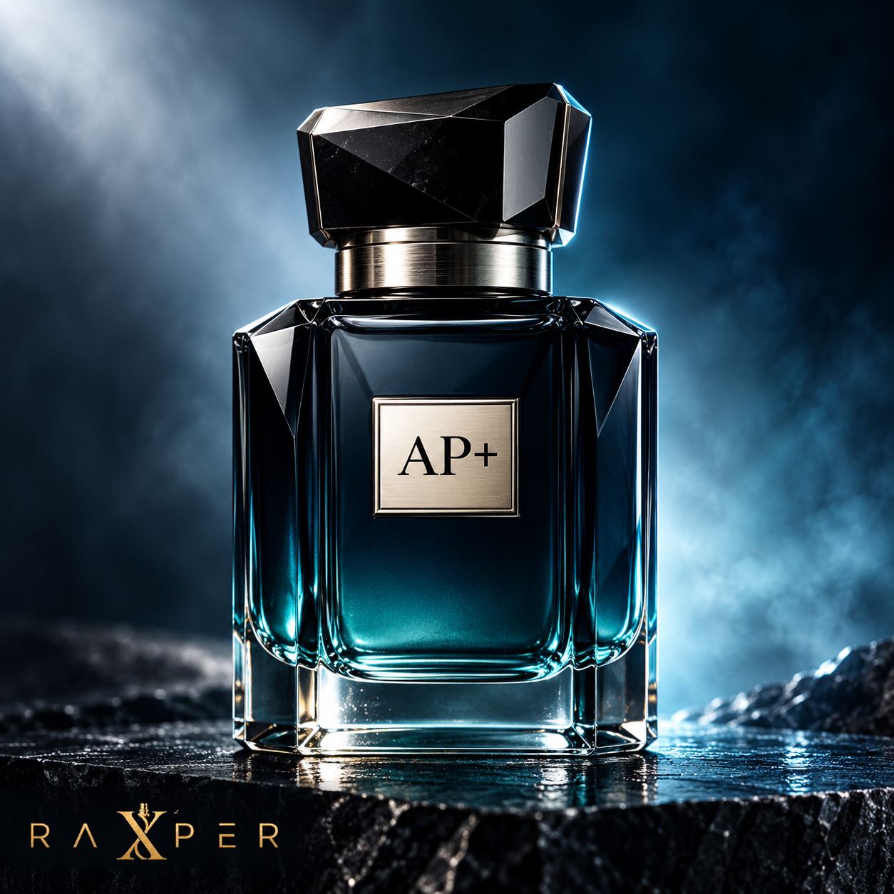 عطر گرمی AP+ با بطری شیشه‌ای سرمه‌ای و سبز تیره، درپوش مشکی ابسیدین و جزئیات نقره‌ای روی پایه سنگی در فضای لوکس با لوگوی رکسپر
