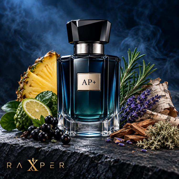 عطر گرمی AP+ با بطری سرمهای در کنار آناناس، ترنج، انگور فرنگی سیاه، رزماری، اسطوخودوس، پوست درخت توس، چوب سدر و خزه بلوط با لوگوی رکسپر