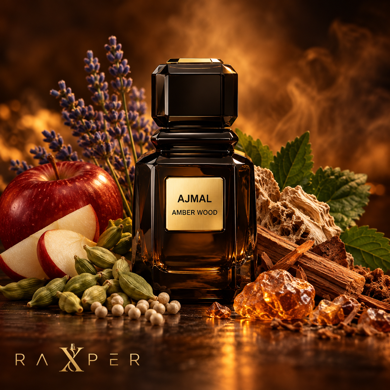 عطر گرمی اجمل امبر وود با بطری تیره در کنار سیب قرمز، هل سبز، فلفل سفید، اسطوخودوس، زنبق، چوب سدر، صمغ کهربا و نعناع هندی با لوگوی رکسپر
