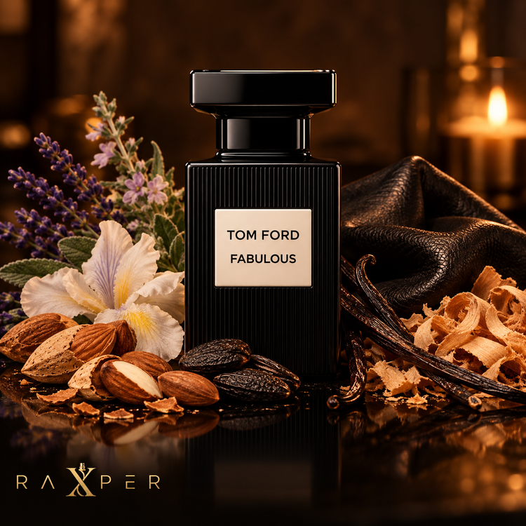 عطر گرمی تام فورد فابولوس با بطری مشکی در کنار بادام تلخ، دانه تونکا، اسطوخودوس، مریمگلی، گل زنبق، چرم مشکی، وانیل و چوب کشمیر با لوگوی رکسپر