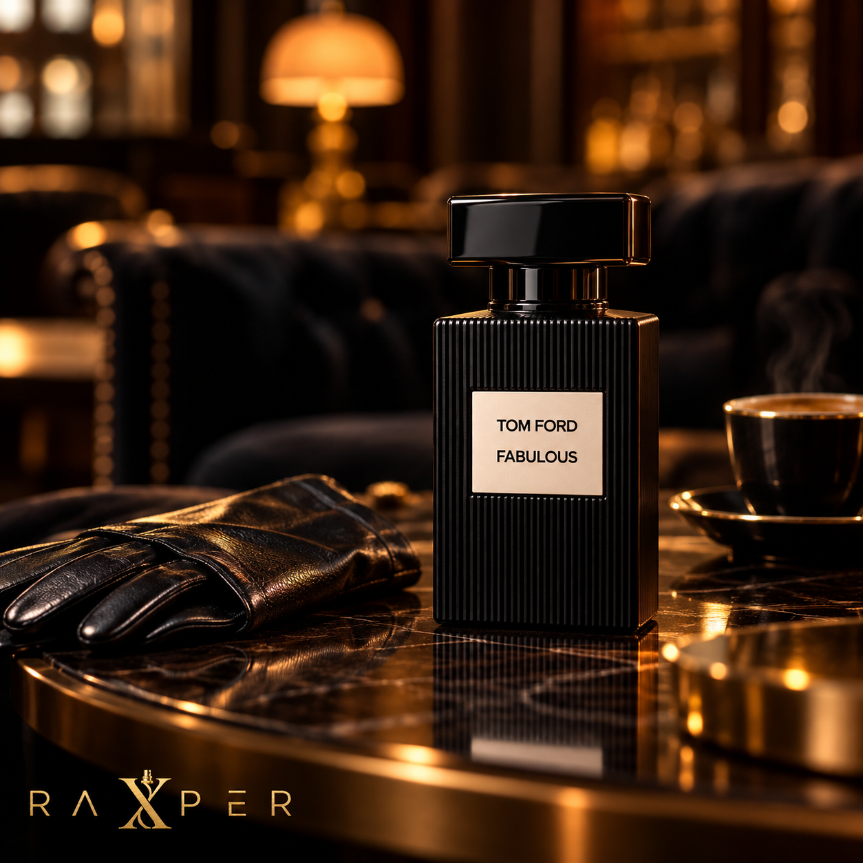 عطر گرمی تام فورد فابولوس با بطری مشکی روی میز براق در فضای لوکس، کنار دستکش چرمی مشکی و فنجان اسپرسو با لوگوی رکسپر