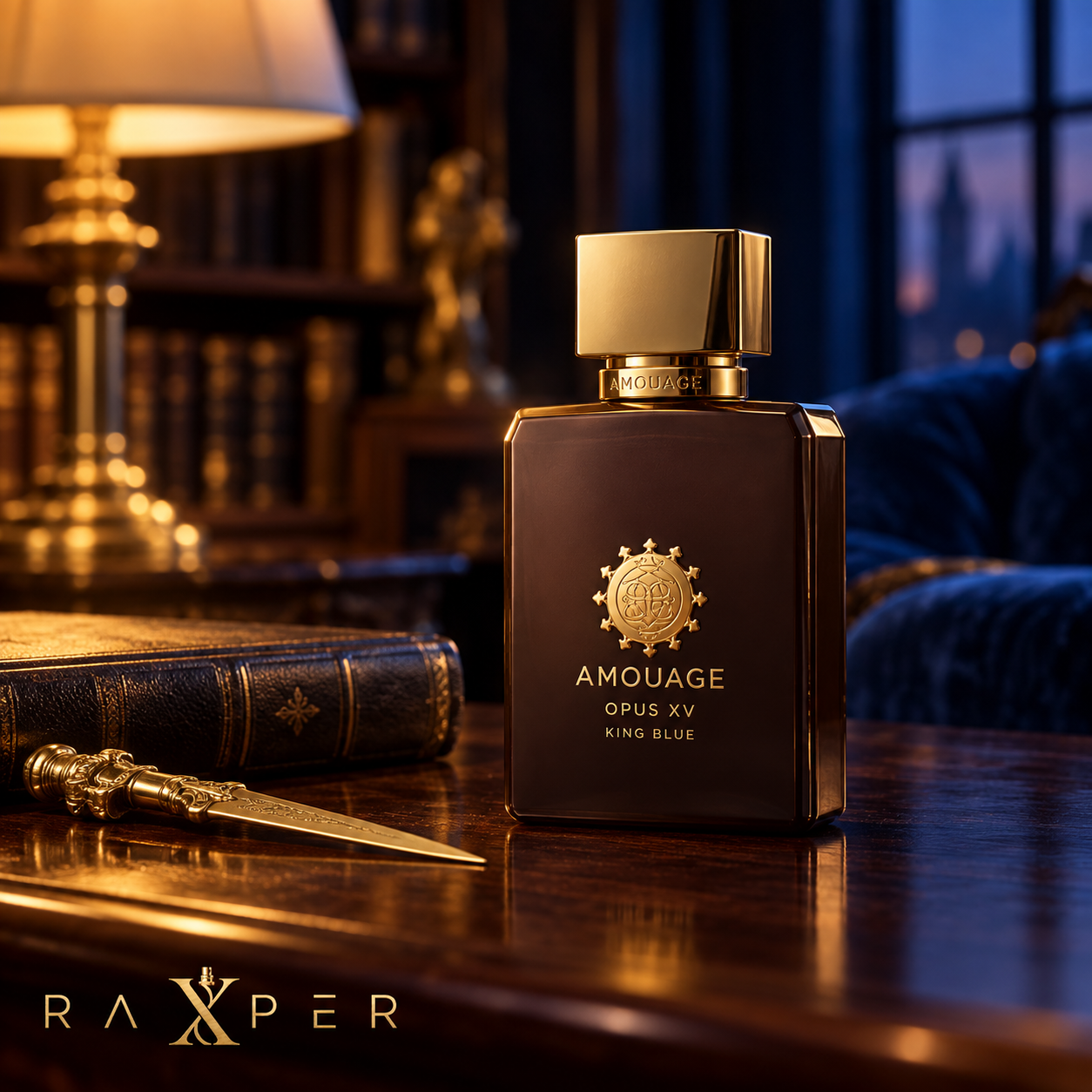 عطر گرمی آمواج اپوس پانزده کینگ بلو با بطری تیره روی میز چوب ماهون در کتابخانه لوکس، کنار کتاب جلدچرمی و ابزار برنجی با لوگوی رکسپر