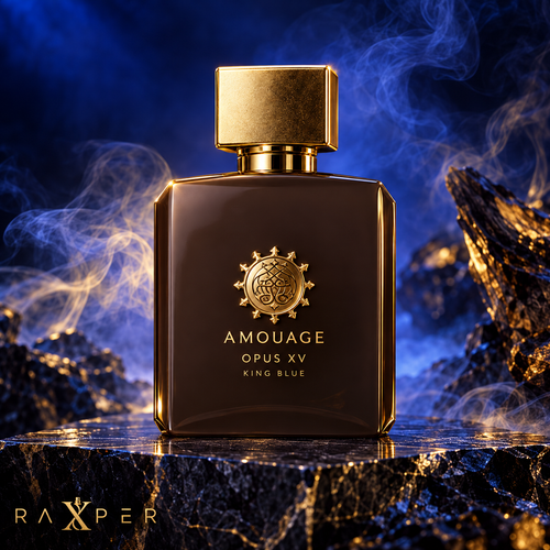 عطر گرمی آمواج اپوس پانزده کینگ بلو با بطری قهوهای ترافل، درپوش طلایی و نشان آمواج در فضای لوکس سرمهای و طلایی با لوگوی رکسپر