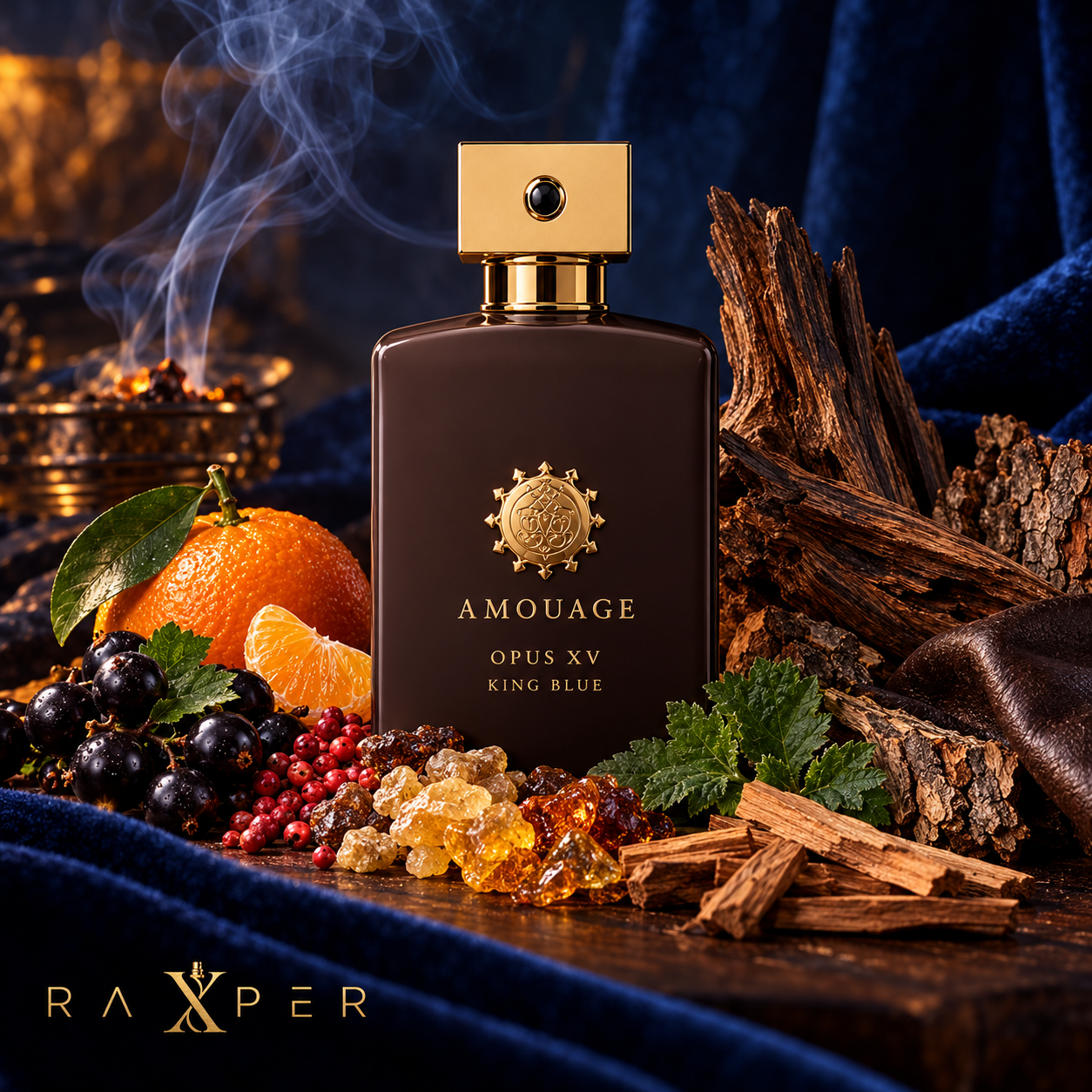 عطر گرمی آمواج اپوس پانزده کینگ بلو با بطری تیره در کنار نارنگی، انگور فرنگی سیاه، فلفل صورتی، کندر، کهربا، چوب عود، چرم، پوست بلوط، چوب صندل و نعناع هندی با لوگوی رکسپر