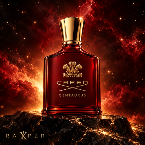 عطر گرمی کرید سنتاروس با بطری قرمز زرشکی، درپوش و نشان طلایی در فضای کهکشانی تیره با نور کهربایی و لوگوی رکسپر