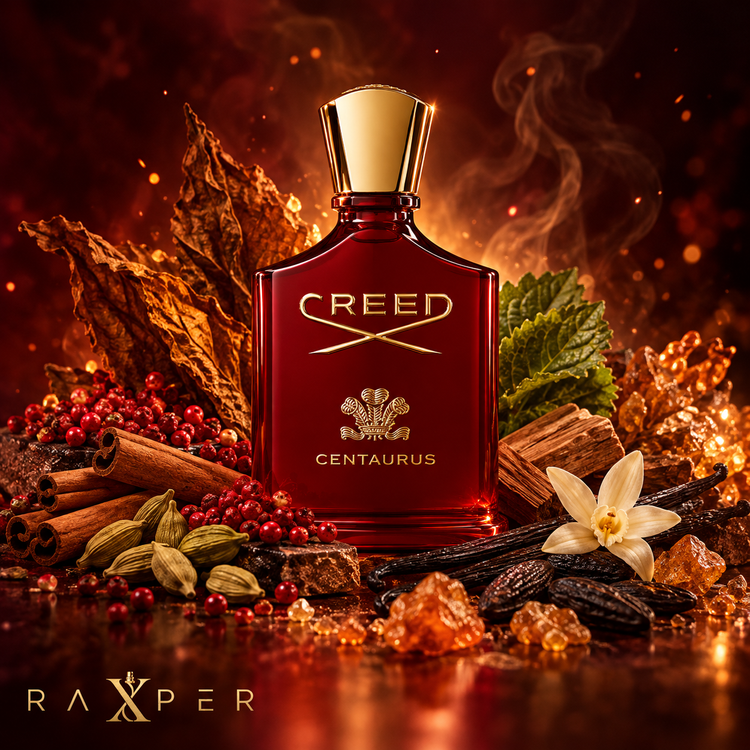 عطر گرمی کرید سنتاروس با بطری قرمز در کنار برگ تنباکو، فلفل صورتی، دارچین، هل، چوب صندل، نعناع هندی، دانه تونکا، وانیل بوربون، صمغ بنزوئین و بلسان تولو با لوگوی رکسپر