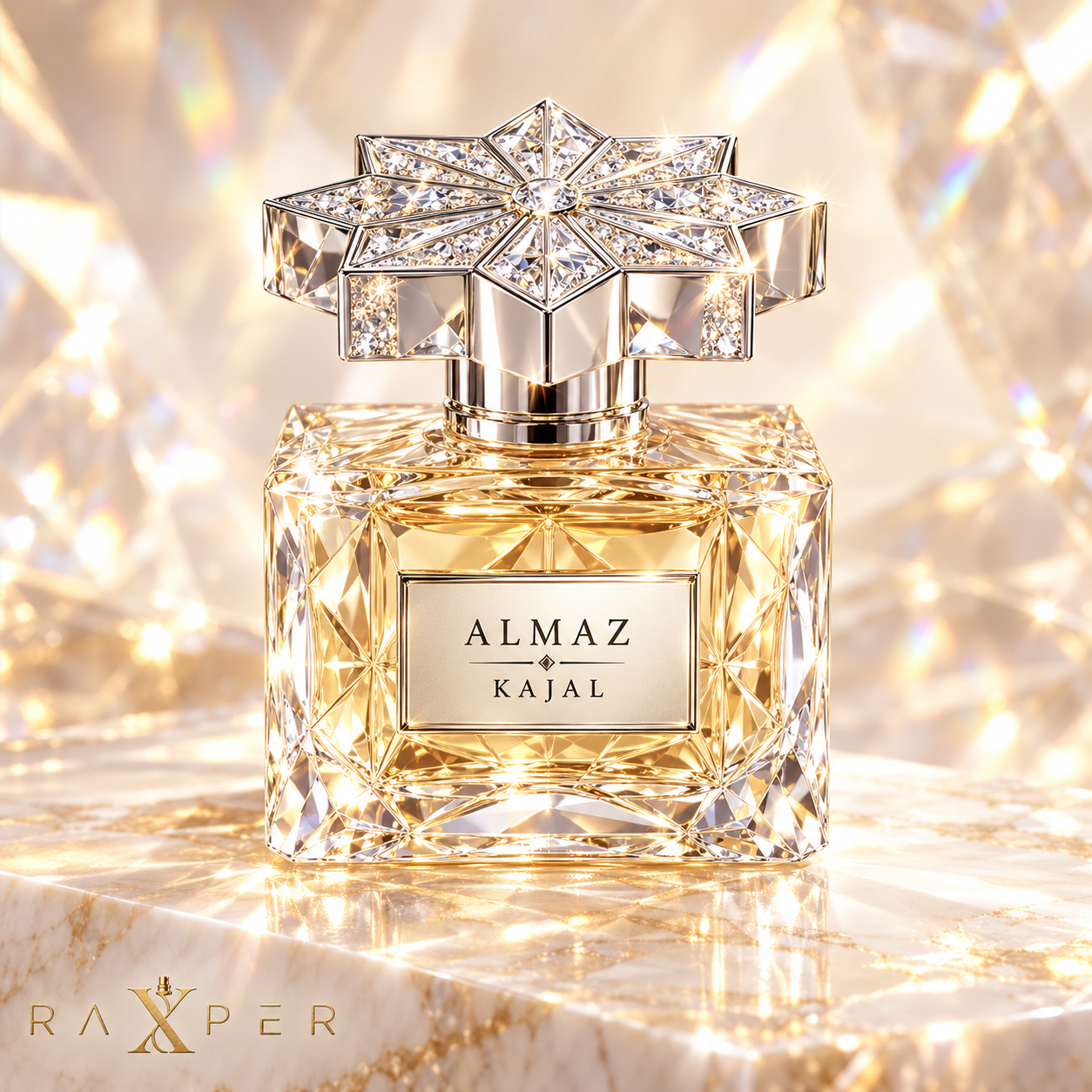 عطر گرمی کژال آلماز با بطری کریستالی شفاف، مایع طلایی روشن و درپوش ستاره‌ای نقره‌ای در فضای لوکس مرواریدی با لوگوی رکسپر