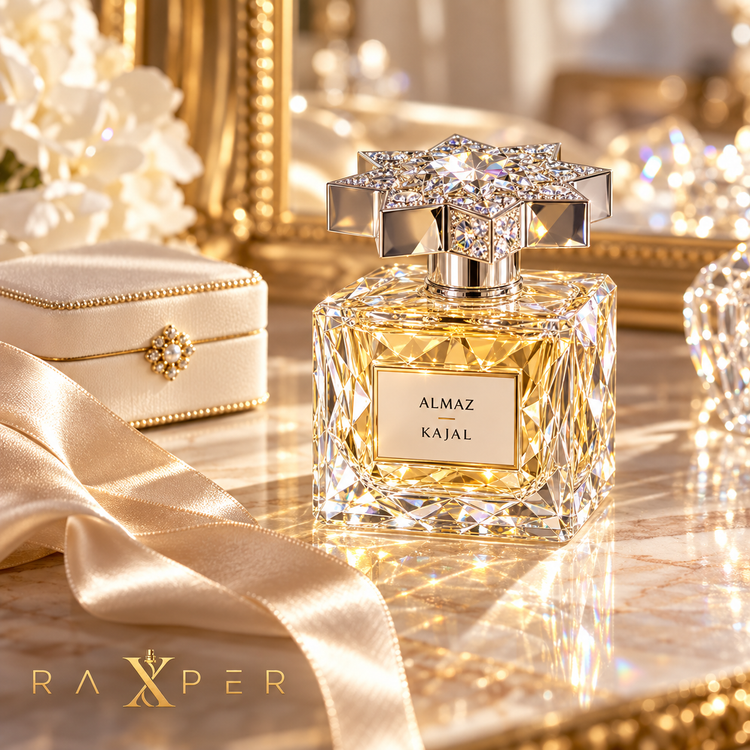 عطر گرمی کژال آلماز با بطری کریستالی روی میز آرایش لوکس، کنار جعبه جواهرات عاجی و روبان ساتن شامپاینی با لوگوی رکسپر
