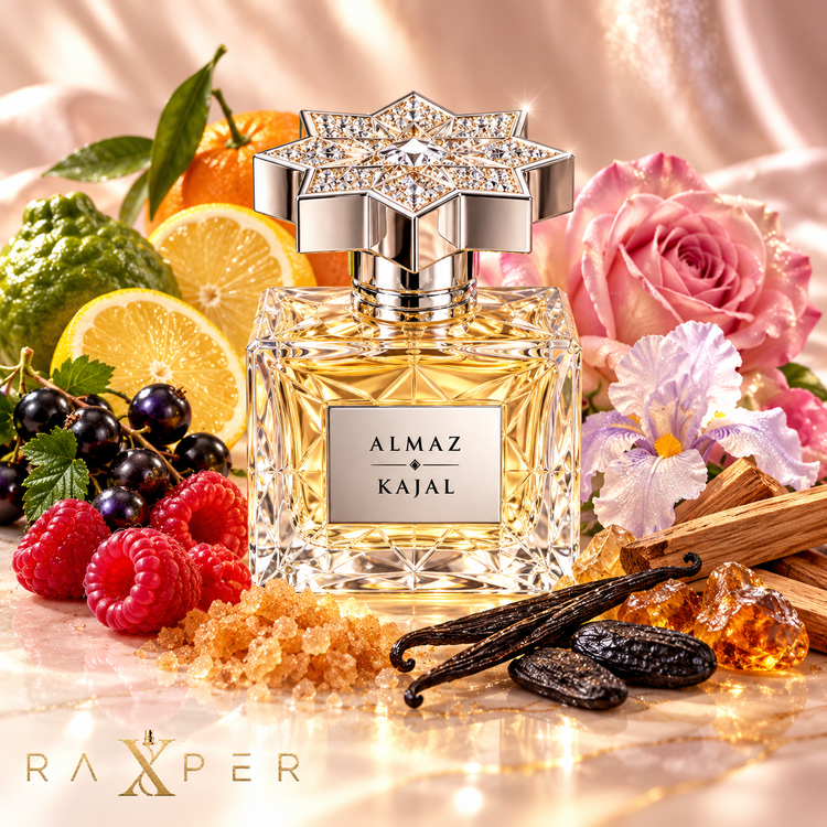 عطر گرمی کژال آلماز با بطری کریستالی در کنار انگور فرنگی سیاه، ترنج، لیمو آمالفی، نارنگی، تمشک، گل آفتابپرست، رز ترکی، زنبق، شکر قهوهای، وانیل ماداگاسکار، تونکا، چوب صندل و کهربا با لوگوی رکسپر