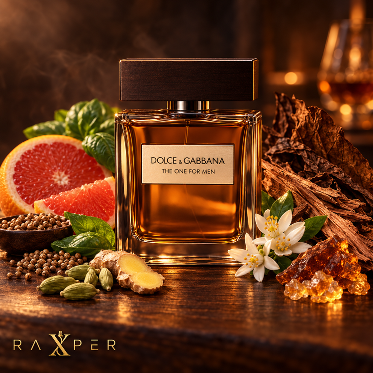 عطر گرمی دولچه اند گابانا د وان با بطری کهربایی در کنار گریپفروت، تخم گشنیز، ریحان، هل سبز، زنجبیل، شکوفه پرتقال، چوب سدر، صمغ کهربا و برگ تنباکو با لوگوی رکسپر