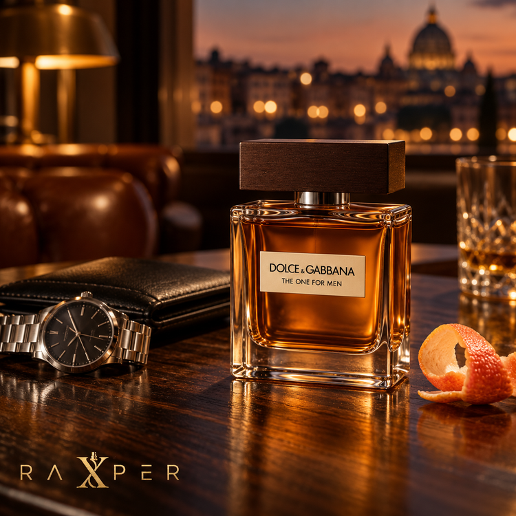 عطر گرمی دولچه اند گابانا د وان با بطری کهربایی روی میز چوب گردو در فضای لوکس شبانه، کنار کیف پول چرمی مشکی، ساعت نقرهای و پوست گریپفروت با لوگوی رکسپر