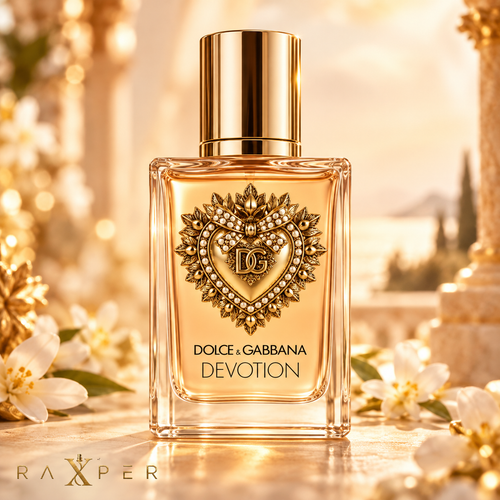 عطر گرمی دولچه اند گابانا دیووشن با بطری کرم هلویی، مایع طلایی و قلب تزئینی طلایی در فضای لوکس گرم با لوگوی رکسپر