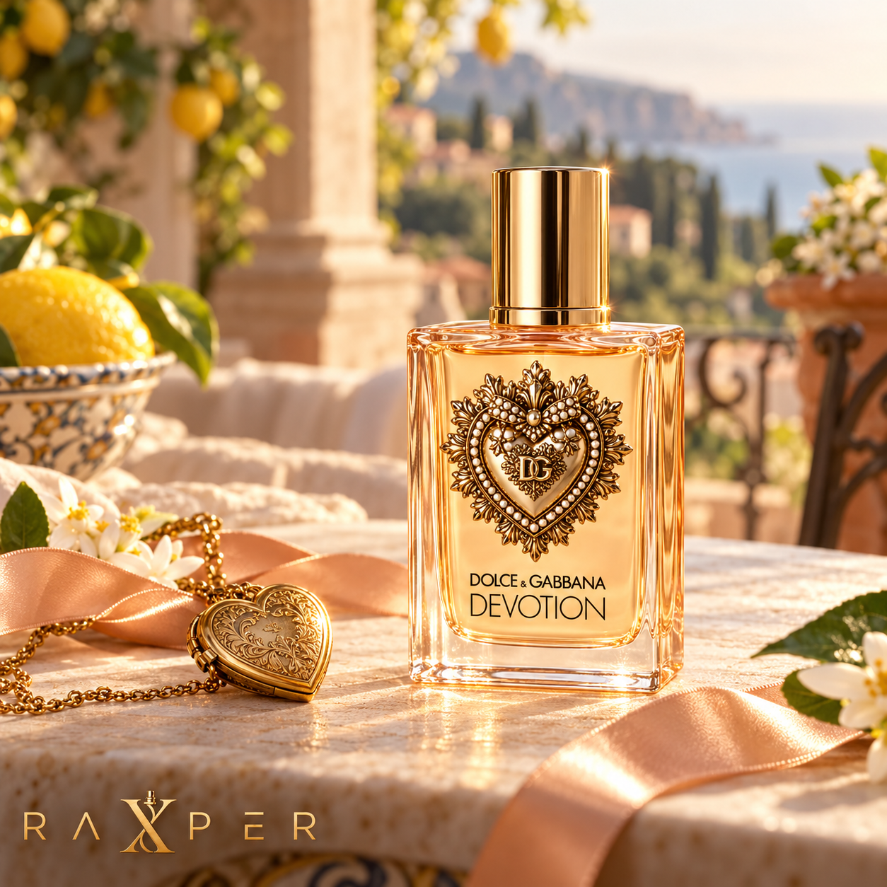 عطر گرمی دولچه اند گابانا دیووشن با بطری کرم روی میز سنگی در تراس ویلای ایتالیایی، کنار آویز طلایی و روبان ساتن هلویی با لوگوی رکسپر
