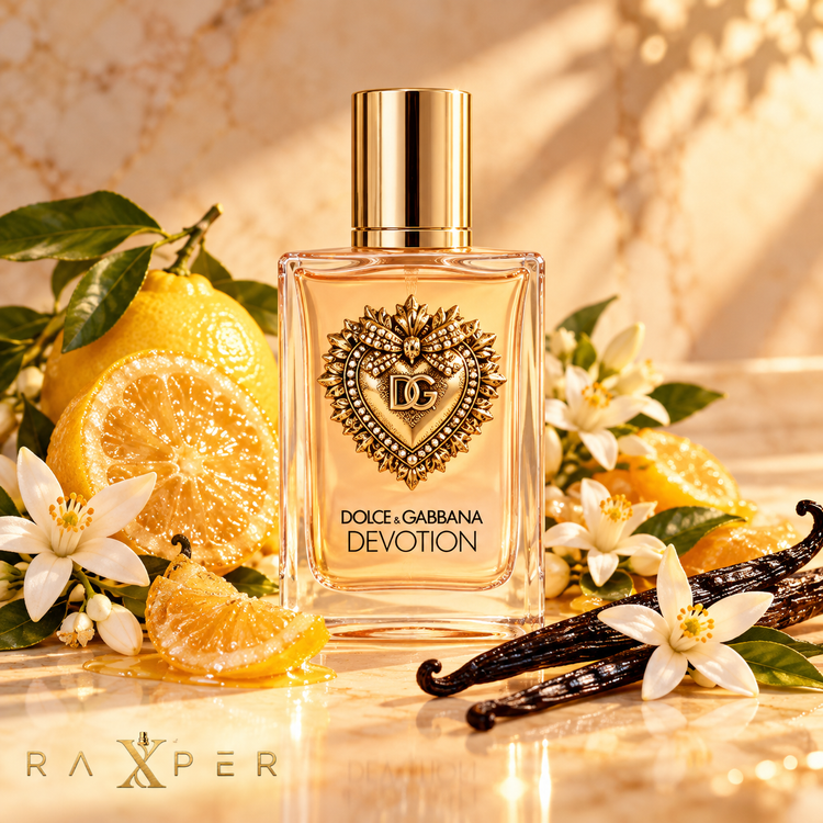 عطر گرمی دولچه اند گابانا دیووشن با بطری کرم و قلب طلایی در کنار لیمو شیرینشده، شکوفه پرتقال و وانیل ماداگاسکار با لوگوی رکسپر
