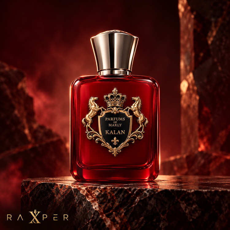 عطر گرمی پارفومز د مارلی کالان با بطری قرمز لاکی، نشان طلایی و درپوش نقرهای در فضای لوکس زرشکی با لوگوی رکسپر