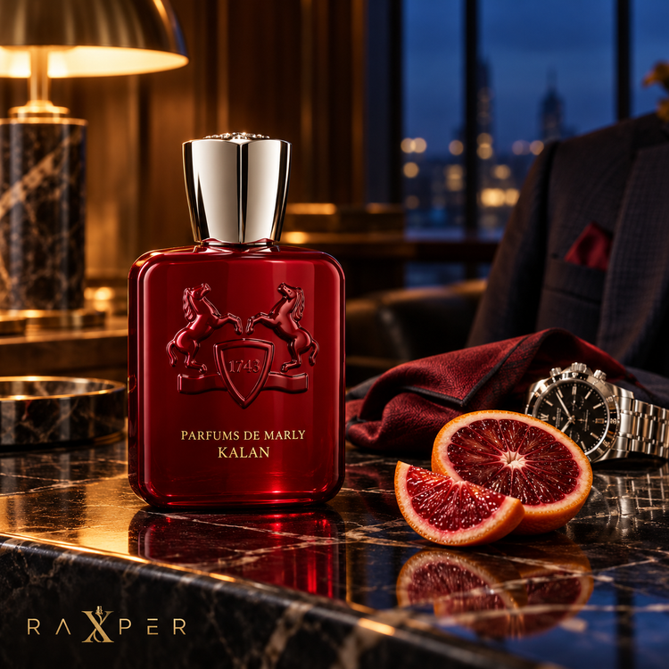 عطر گرمی پارفومز د مارلی کالان با بطری قرمز در کنار پرتقال خونی، فلفل سیاه، اسطوخودوس، شکوفه پرتقال، چوب صندل، خزه بلوط، دانه تونکا و صمغ کهربا با لوگوی رکسپر
