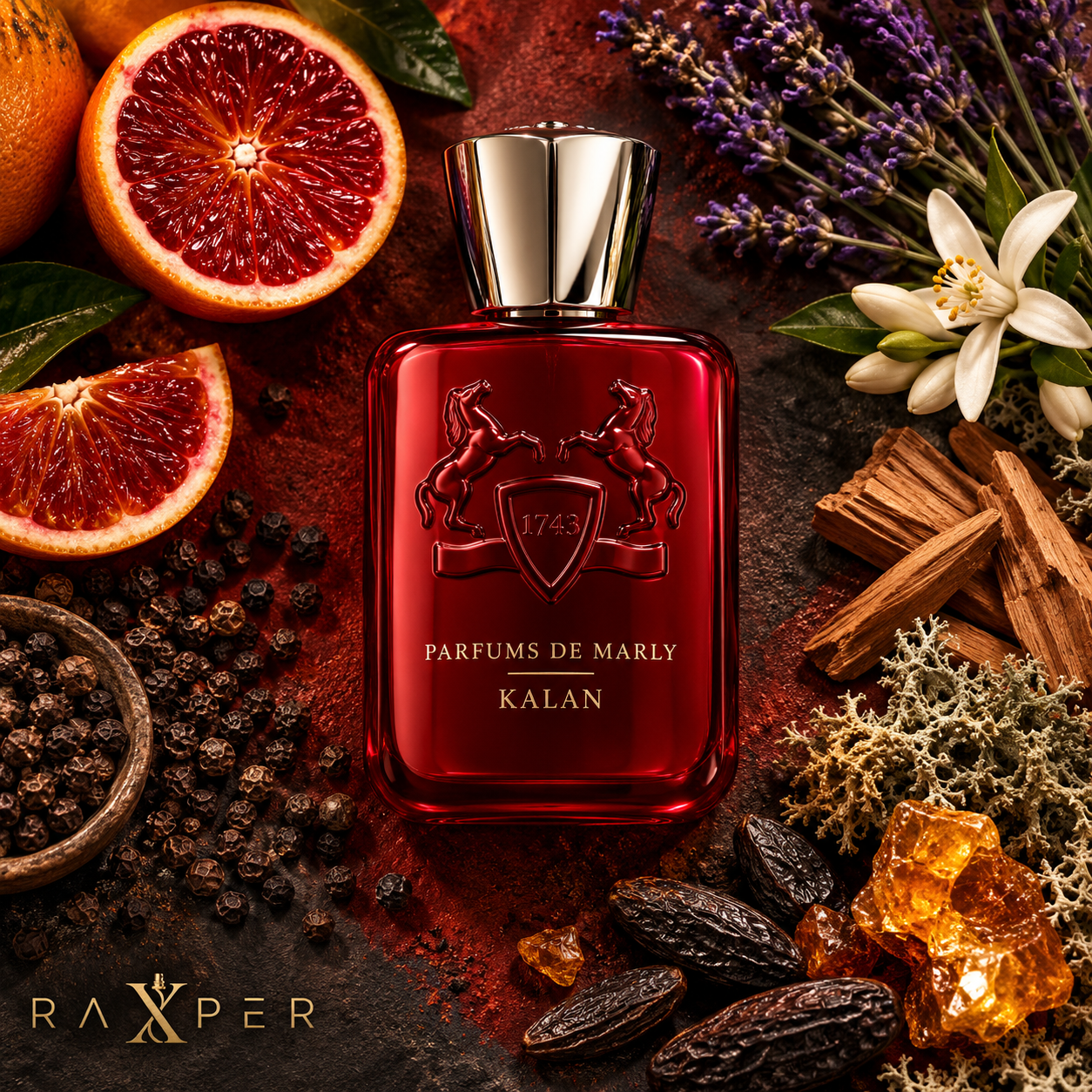 عطر گرمی پارفومز د مارلی کالان با بطری قرمز در کنار پرتقال خونی، فلفل سیاه، اسطوخودوس، شکوفه پرتقال، چوب صندل، خزه بلوط، دانه تونکا و صمغ کهربا با لوگوی رکسپر